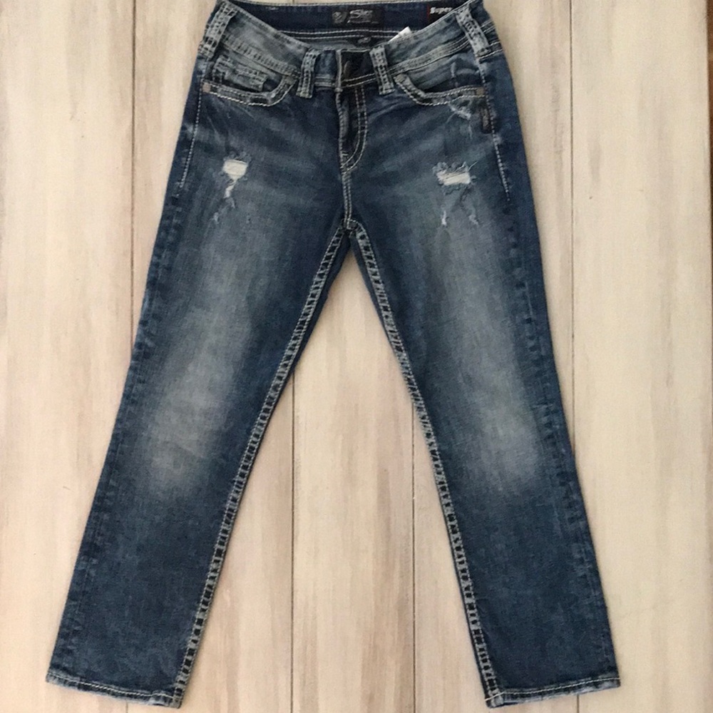 Silver Jeans Suki Mid Capri Super Stretch Rose Gold Pockets Medium Wash W29 L23
